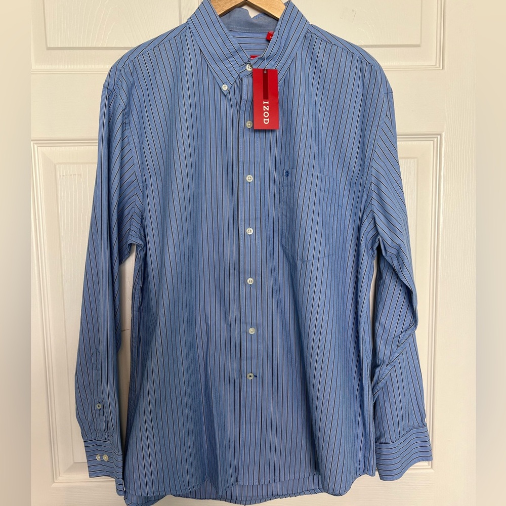 NWT Izod Blue/White Striped 100% Cotton Button Down Shirt-Size L